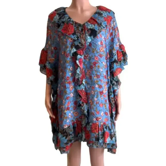 See By Chloe Floral Print Silk Caftan Dress Sz 38 6 Blue Dream Cottagecore Boho - Picture 2 of 16
